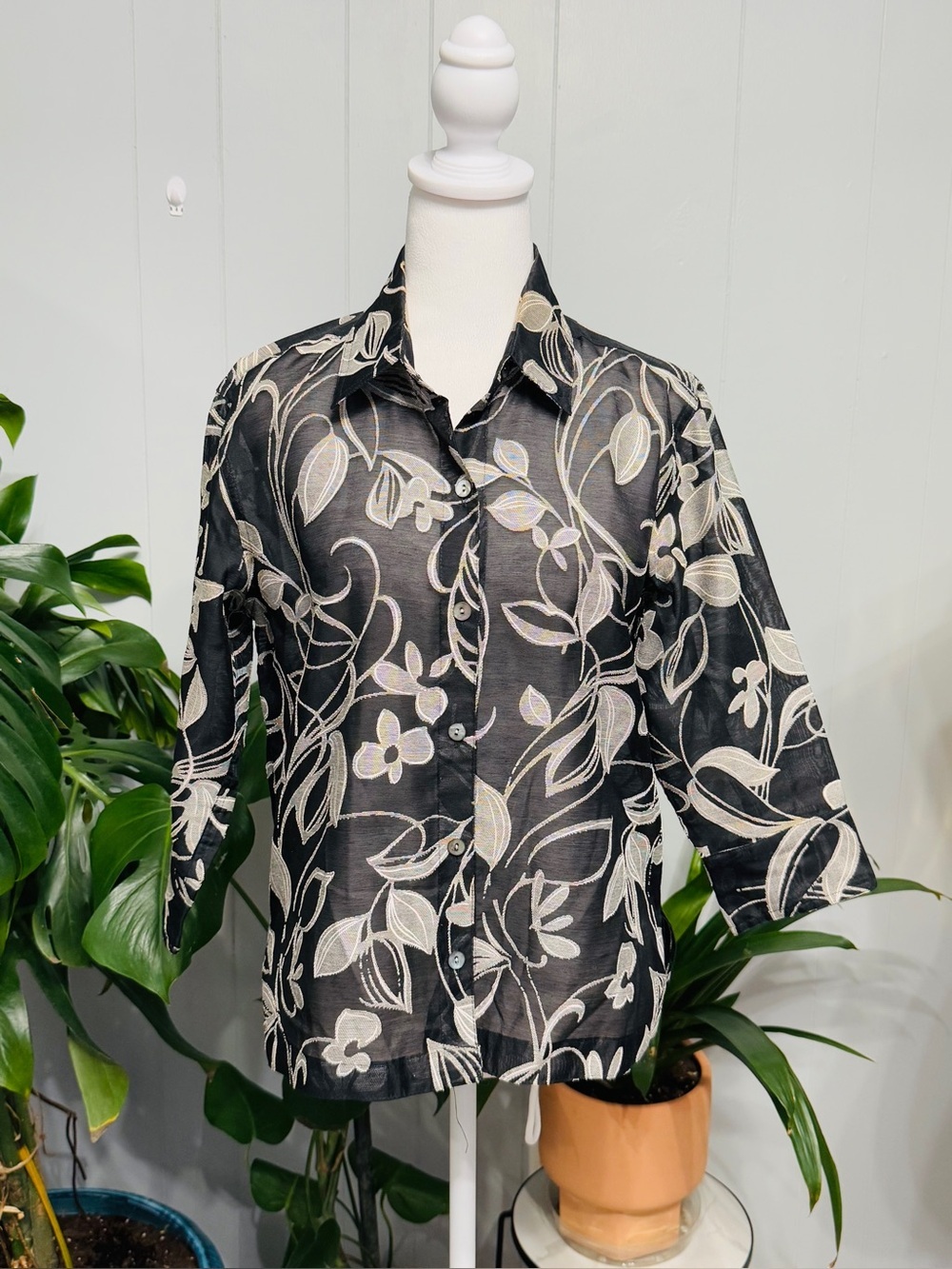 #17) Black Button-Up Sheer Shirt with White Botanical Print